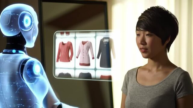 Robot presenting digital clothing options to a woman, symbolizing artificial intelligence in fashion, virtual fitting, smart shopping and innovative retail technology