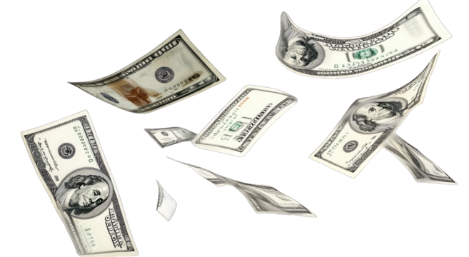 Several Us One Hundred Dollar Bills Are Flying In The Air Isolated On A Transparent Background
