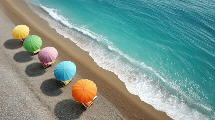 Obraz premium Colorful beach umbrellas and lounge chairs line a sandy shore next to a calm ocean