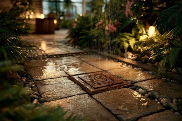 Rainy Garden Pathway with Illuminated Plants and Wet Stones