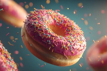 A vibrant donut with pink icing and rainbow sprinkles floats in a delicious composition.