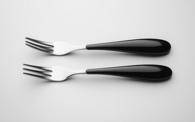 Fototapeta premium Two sleek, modern forks with black handles and silver tines, shown against a neutral background