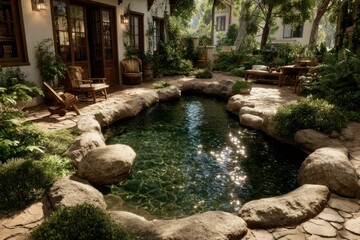 Naklejka premium Serene Garden Oasis with Lush Greenery and Sparkling Pond Ideal for Relaxation and Outdoor Liv
