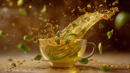 Golden tea splash in teacup