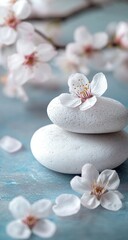 Delicate blossoms atop smooth stones, a serene springtime scene