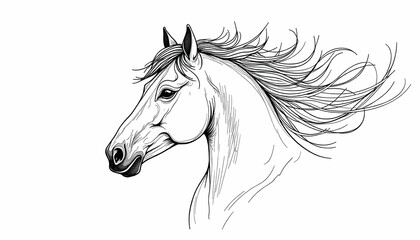 A stylized line drawing of a horse’s head in profile, with flowing mane lines that blend into abstract waves or wind.
