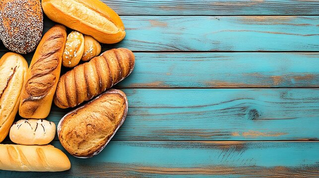 Assorted Artisan Breads on Rustic Teal Wood Background