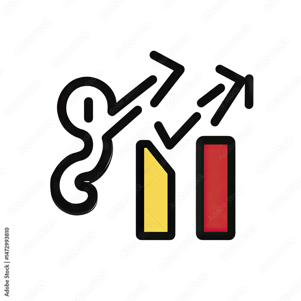 Aufkleber a key with an arrow coming out of it pointing upwards to two bars one yellow and one red symbolizing
