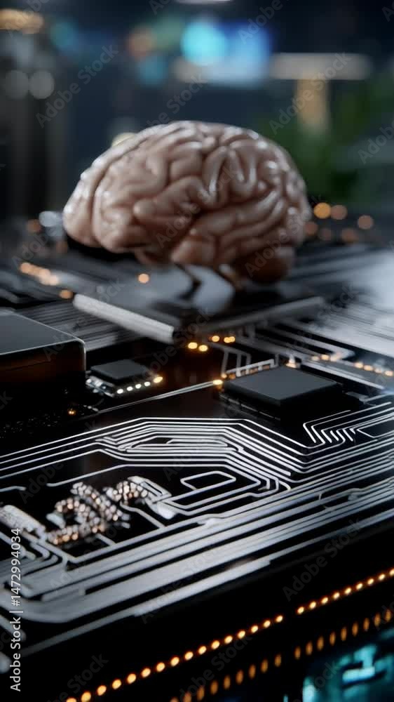 Poster artificial human brain connected to computer circuit board representing future technology, digital i