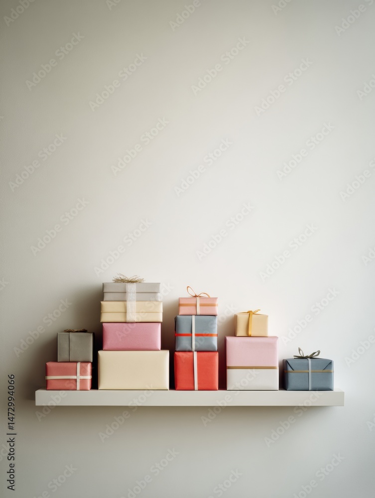 Poster Presents Stacked Neatly on a Minimal Shelf With Negative Space Creating a Calming Atmosphere