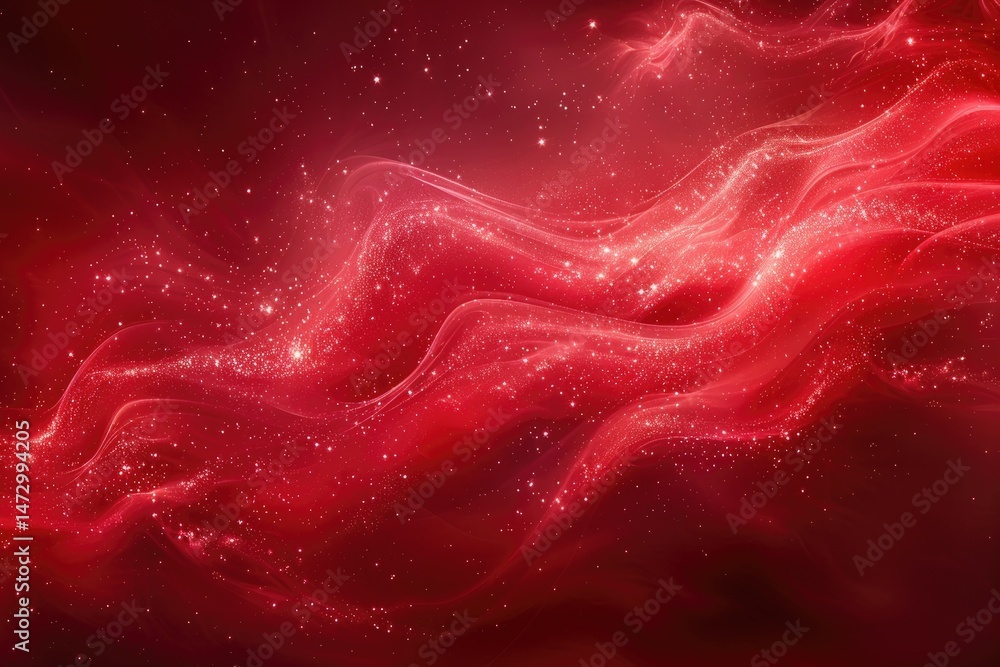 Poster abstract red digital design with flowing lines and sparkling particles.