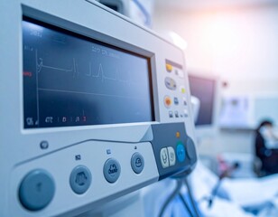 Fototapeta premium Medical monitor displaying waveform in a hospital room, person in the background