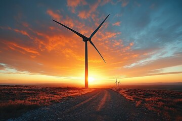 Sunrise illuminates wind turbine on a dirt road.