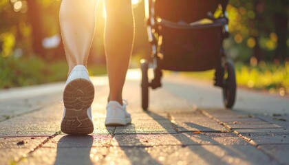 Person walking forward with a stroller on a sunny day casting shadows on a tiled surface
