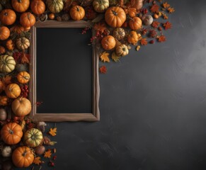 Rustic chalkboard frame overflowing with autumn pumpkins & gourds, fall leaves ,  photography,  chalkboard,  background
