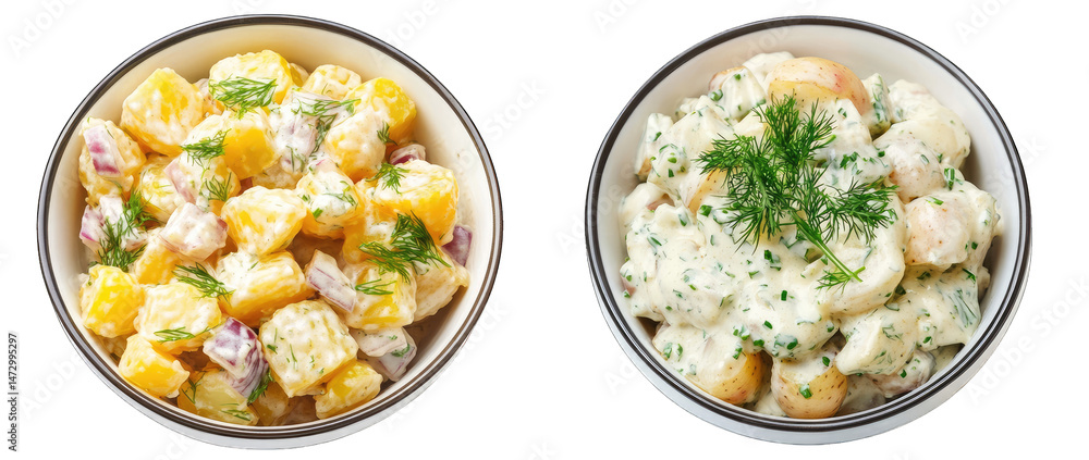 Poster two bowls of potato salad one with red onion and dill the other with just dill both are on a transpa