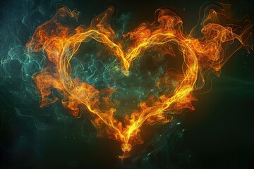 Abstract heart shape formed by fiery smoke patterns.