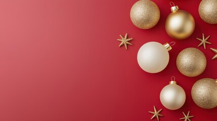 Elegant gold and ivory Christmas baubles arranged on a rich red background with gold stars create a festive and sophisticated holiday design perfect for cards or invitations.
