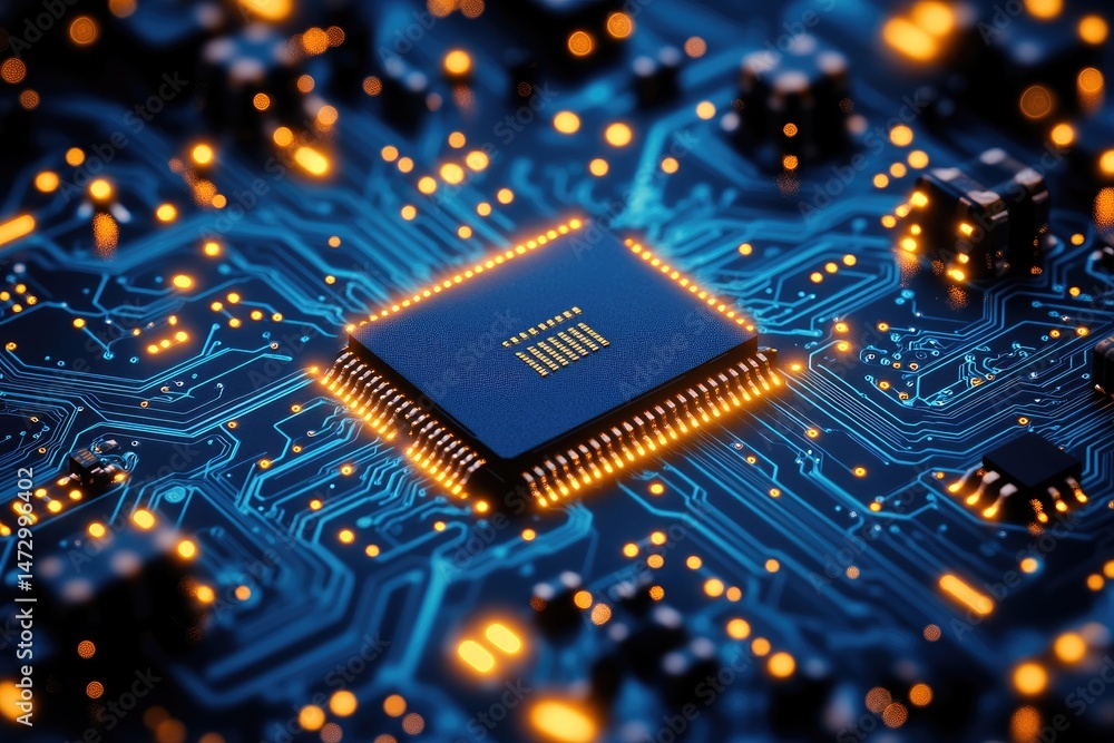 Aufkleber close-up view of a modern computer chip on a circuit board.