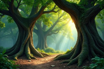 Naklejka premium Ancient trees, tangled roots, dappled sunlight, growth, tropical, detail