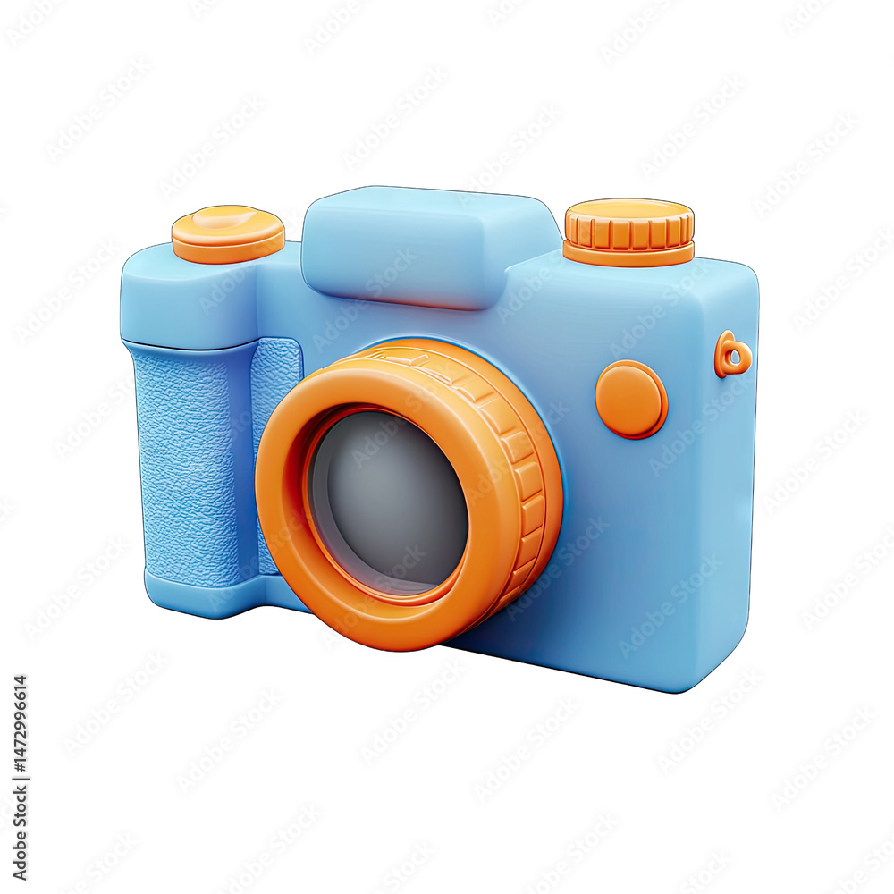 Poster a 3d rendering of a blue and orange camera with a lens on a transparent background