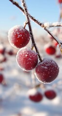Frozen red berries on a snowy branch
