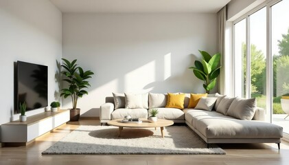 Bright, airy, modern living room with large windows and minimalist decor , property, luxury