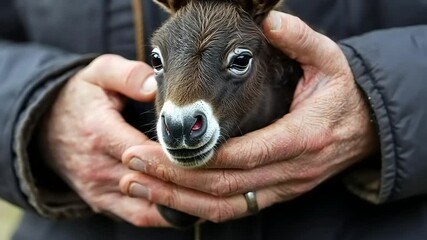 Gentle hands cradle a tiny donkey foal creating a bond of trust and care - Powered by Adobe