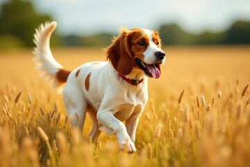 Brittany Spaniel in a wheat field, tail wagging, dog training, hunting season, hunting dog