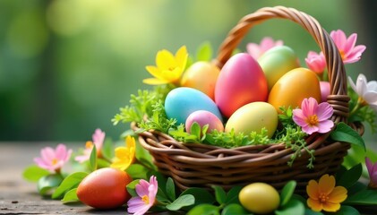 Obraz premium Brightly colored Easter eggs nestled in a spring basket overflowing with fresh flowers and greenery , garden, joy