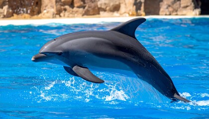 Obraz premium Dolphin leaping from blue water with rocky background, creating a splash
