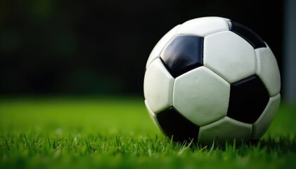 Fototapeta premium Close-up of classic black and white soccer ball, detail, background, stitched