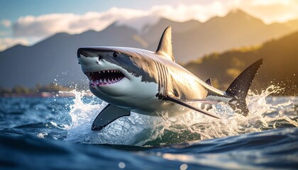 Fototapeta premium Shark leaps, showcasing teeth in splashy sea; mountains backdrop the scene under a bright sky