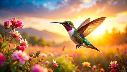 Hummingbird mid-flight over flowery meadow, with vivid sunset lighting the scene