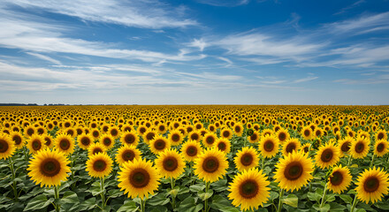 Fototapeta premium Vibrant Sunflower Field Under a Beautiful Blue Sky A Summer Landscape on the Horizon