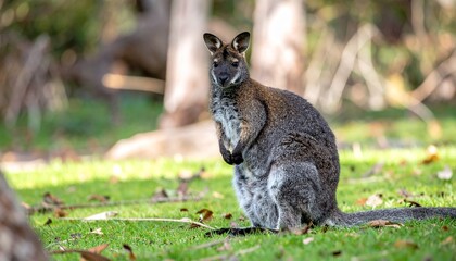 Obraz premium Wallaby sits upright on grassy ground with trees and foliage in the soft, diffused sunlight
