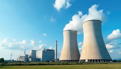 Fototapeta premium Large industrial cooling towers against a blue sky Power plant, energy generation, heat dissipation, industrial infrastructure , metal, shapes