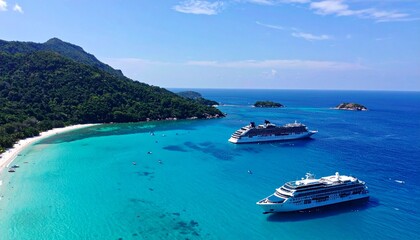 Fototapeta premium Coastal view with two ships docking near a beach under a clear, bright sky