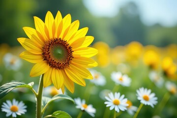Obraz premium One bright yellow sunflower amongst white daisies, uniqueness, individuality