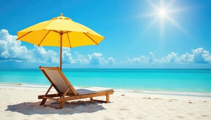 Relaxing umbrella beach chair on sandy beach, sunny day , summer, escape