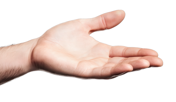 A Man's Open Hand With Palm Facing Up Isolated On A Transparent Background The Hand Is Slightly Angled To The Right The Fingers Are Relaxed And Spread Apart There Are No Visible Objects In The Hand Bu