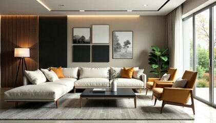 Fototapeta premium Stylish living room with modern furniture and decor, showcasing elegant interior design , home styling, spacious, space