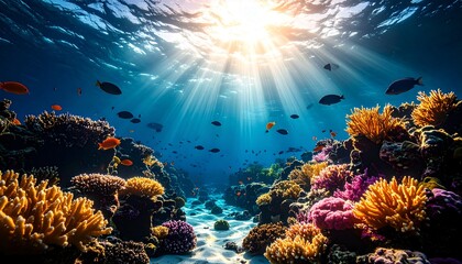 Obraz premium Underwater vista corals, fish, and sun rays create a vibrant, aquatic scene