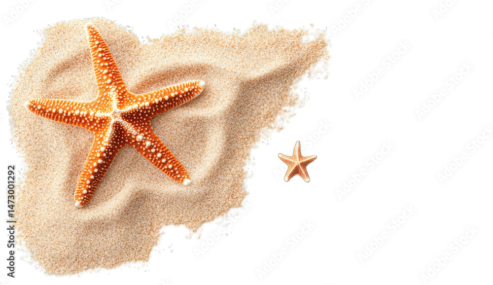 Poster a large starfish and a smaller starfish rest on a pile of sand isolated on a transparent background 