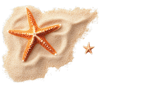 A Large Starfish And A Smaller Starfish Rest On A Pile Of Sand Isolated On A Transparent Background The Sand Is Spread Out In A Natural Organic Way With A Small Ripple Pattern Visible On The Surface