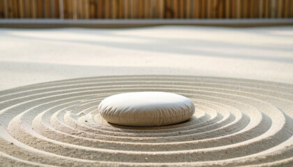 Obraz premium Zen sand garden with a central stone, concentric circles, and a wooden backdrop
