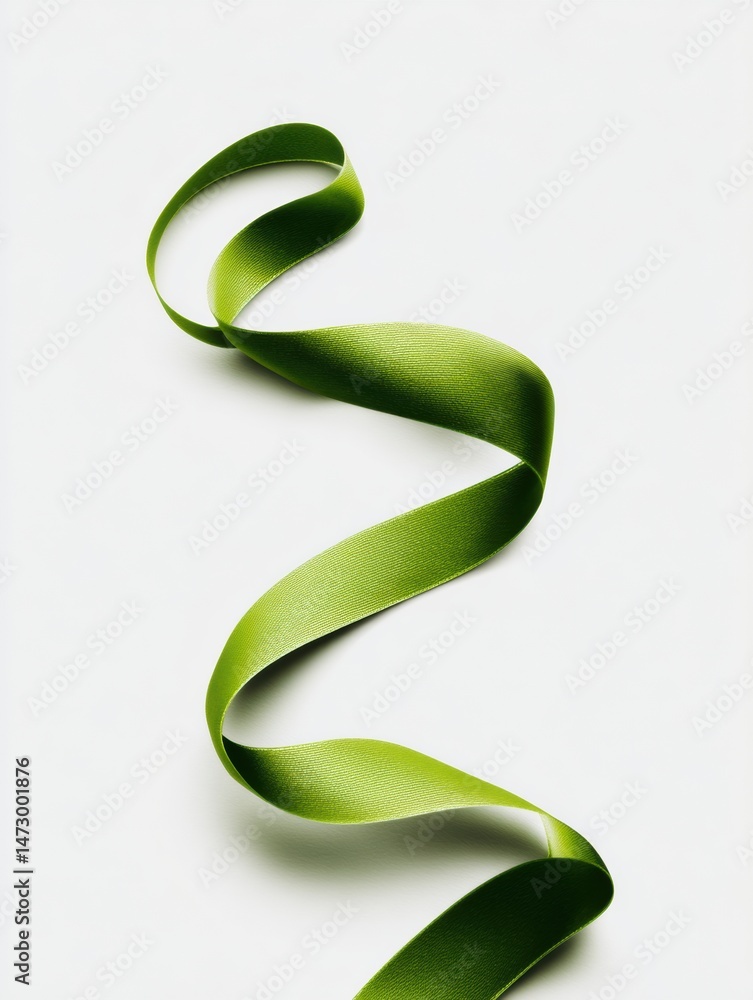 Poster curled green ribbon elegantly trails across a plain background, showcasing its smooth texture and vi