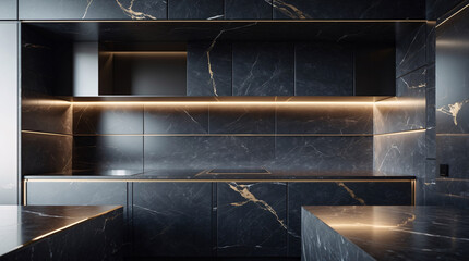 stylish minimalist kitchen with black marble sink and golden accent cabinet offering luxurious modern home decor ideas interior design photography