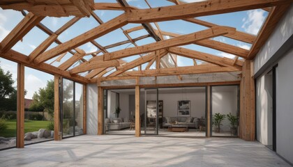 Modern home extension framing, new roof structure, work, steel, structure