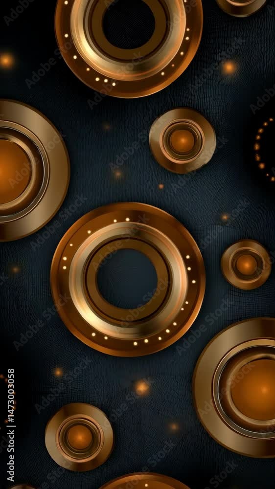 Poster abstract bronze rings on a dark textured background with glowing light effects, creating a modern an